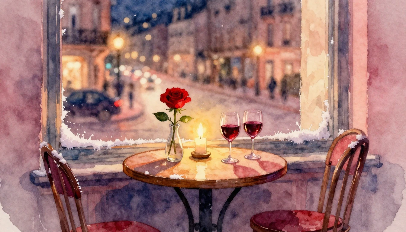 A romantic watercolor painting of a cozy evening scene. A sm...