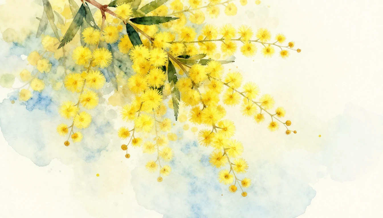 A delicate watercolor painting of bright yellow mimosa branc...