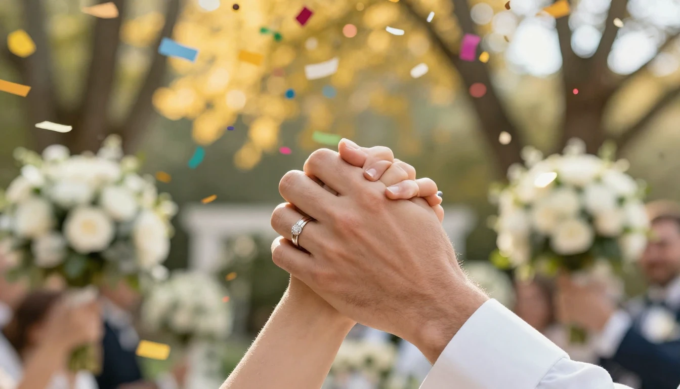 A bright and joyous wedding scene, focusing on two hands hol...
