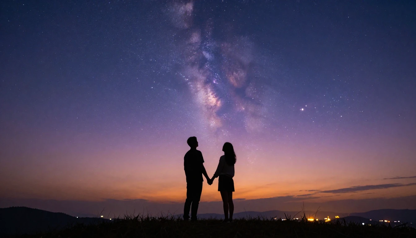 A cinematic wide shot of a silhouette of a couple holding ha...