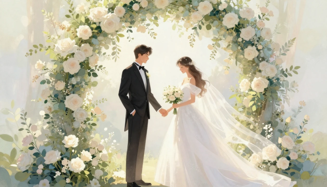 A romantic illustration of a bride and groom holding hands u...