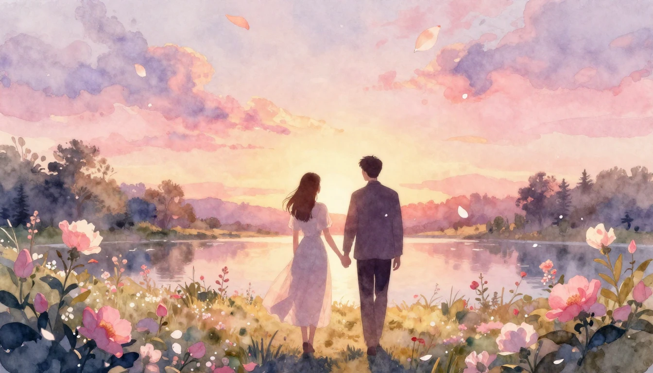 A dreamy and ethereal watercolor painting of two silhouettes...