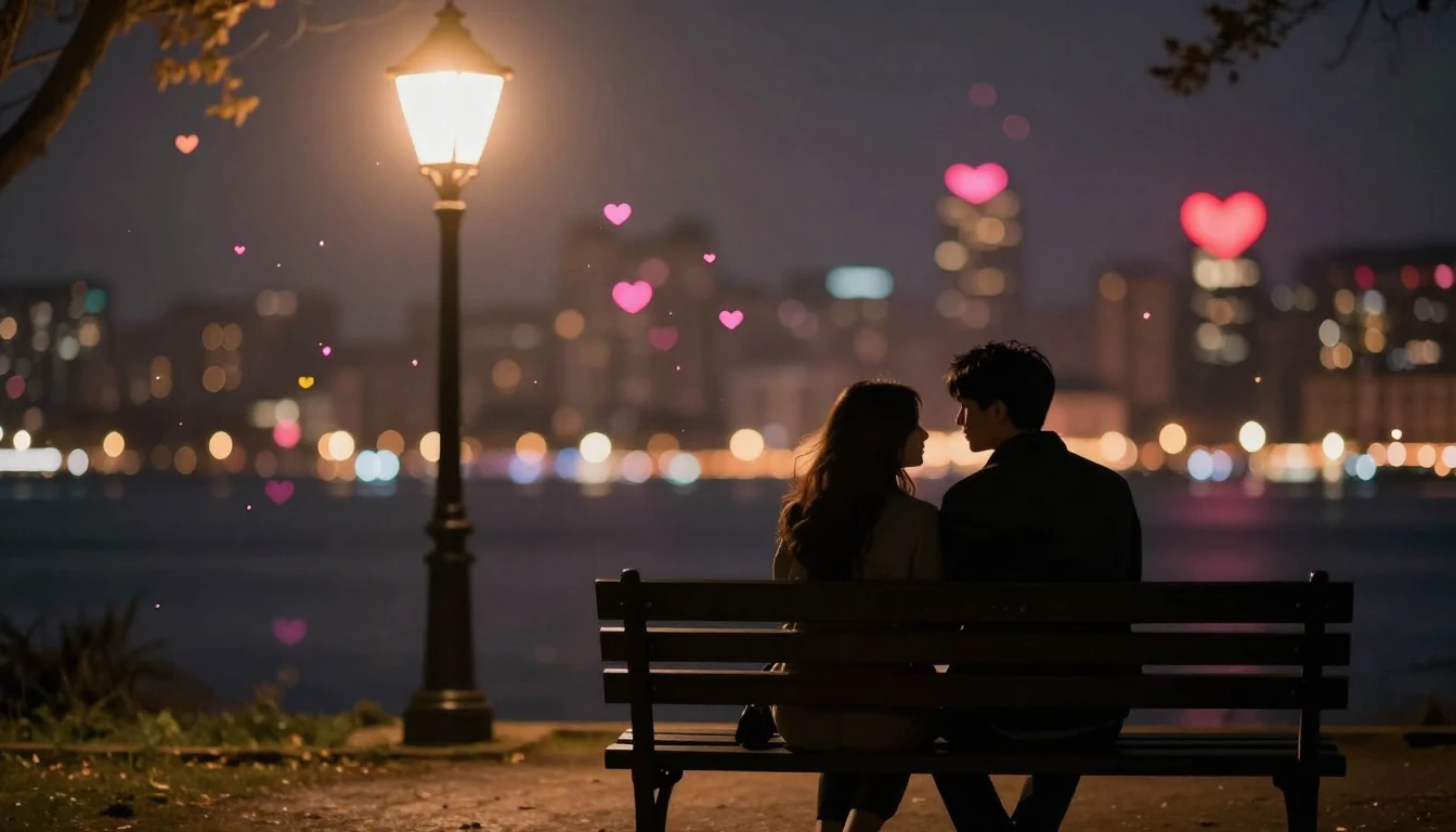 A romantic and atmospheric scene featuring a silhouette of a...