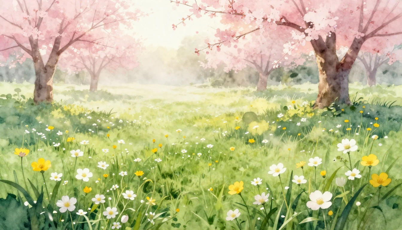 A beautiful watercolor painting of a lush meadow at dawn. Ti...