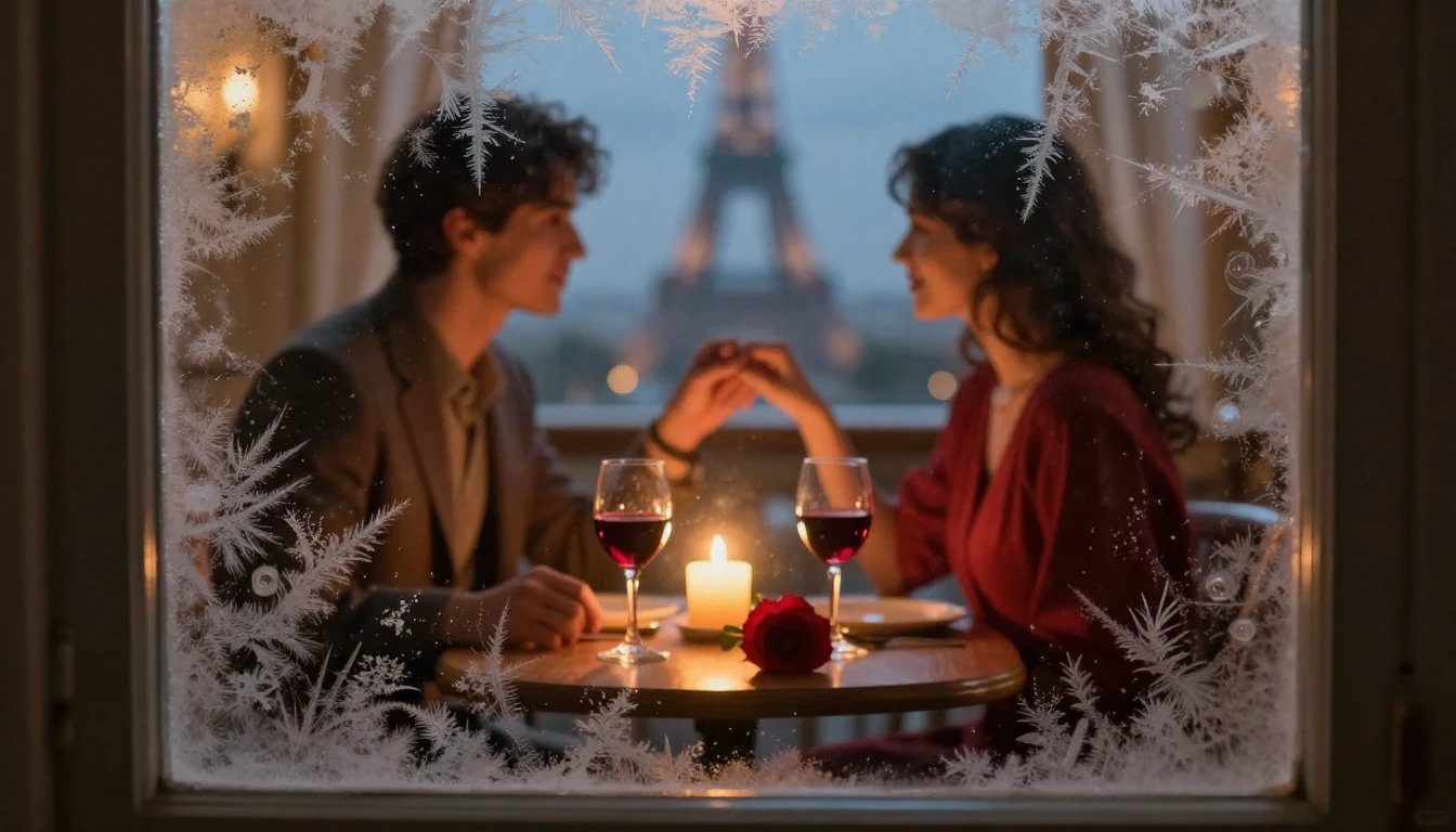 A romantic and cozy interior scene viewed through a window p...