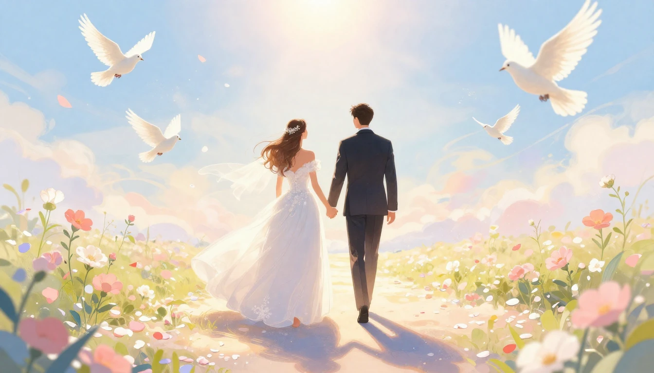 A romantic and dreamy illustration of a bride and groom hold...
