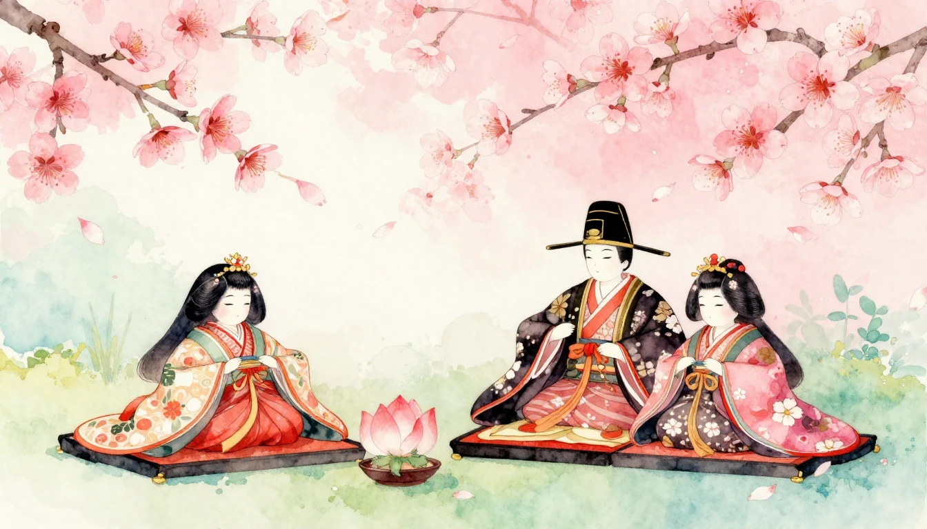 A beautiful watercolor illustration of traditional Hina doll...