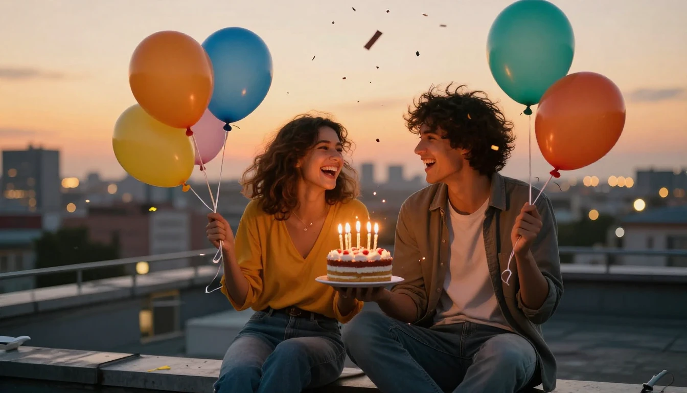 Two happy friends laughing together, sitting on a rooftop at...