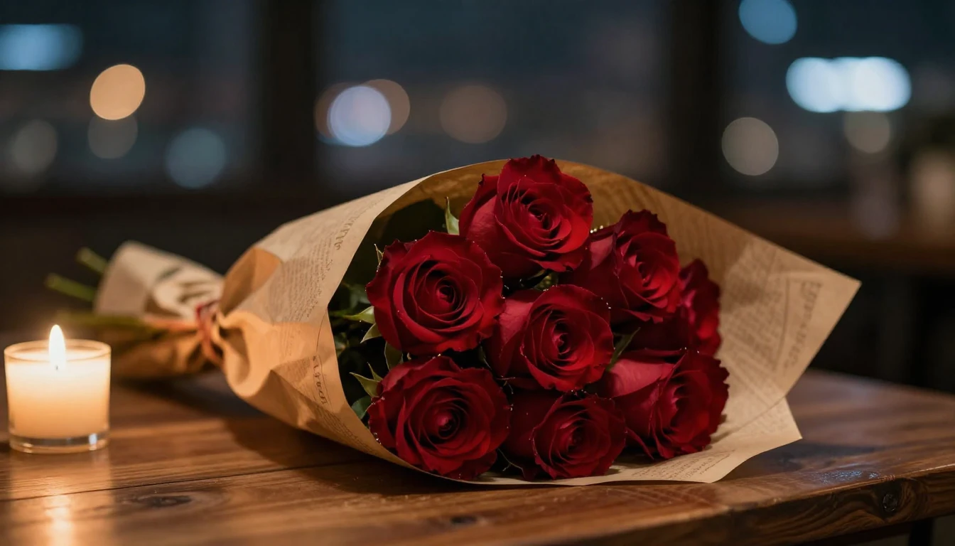 A romantic cinematic close-up of a bouquet of deep red roses...