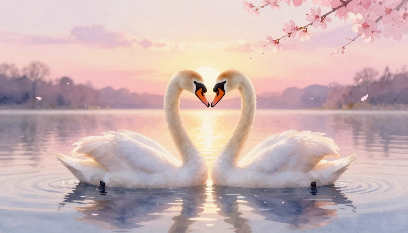 A soft watercolor painting of two elegant swans forming a he...