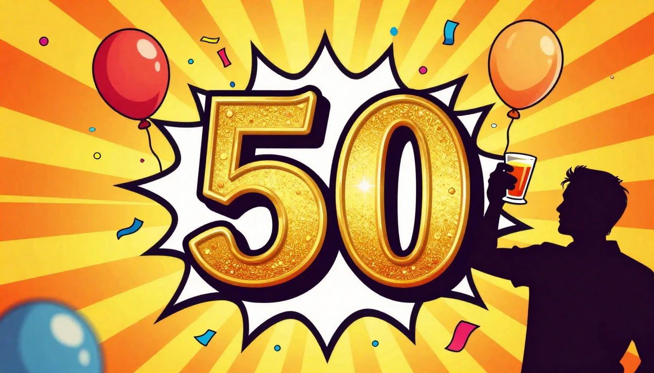 A vibrant and energetic 50th birthday celebration album cove...