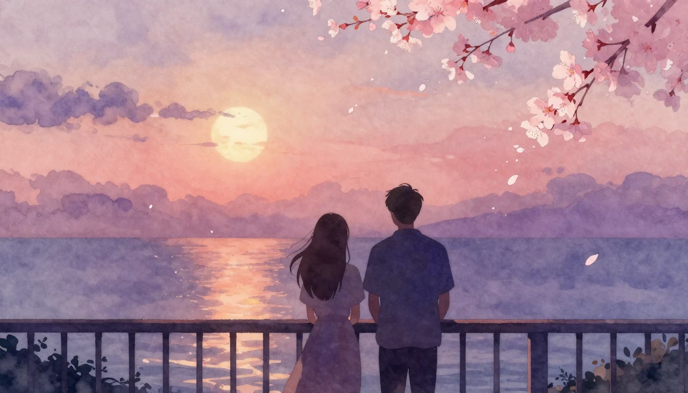 A dreamlike watercolor painting of two silhouettes standing ...