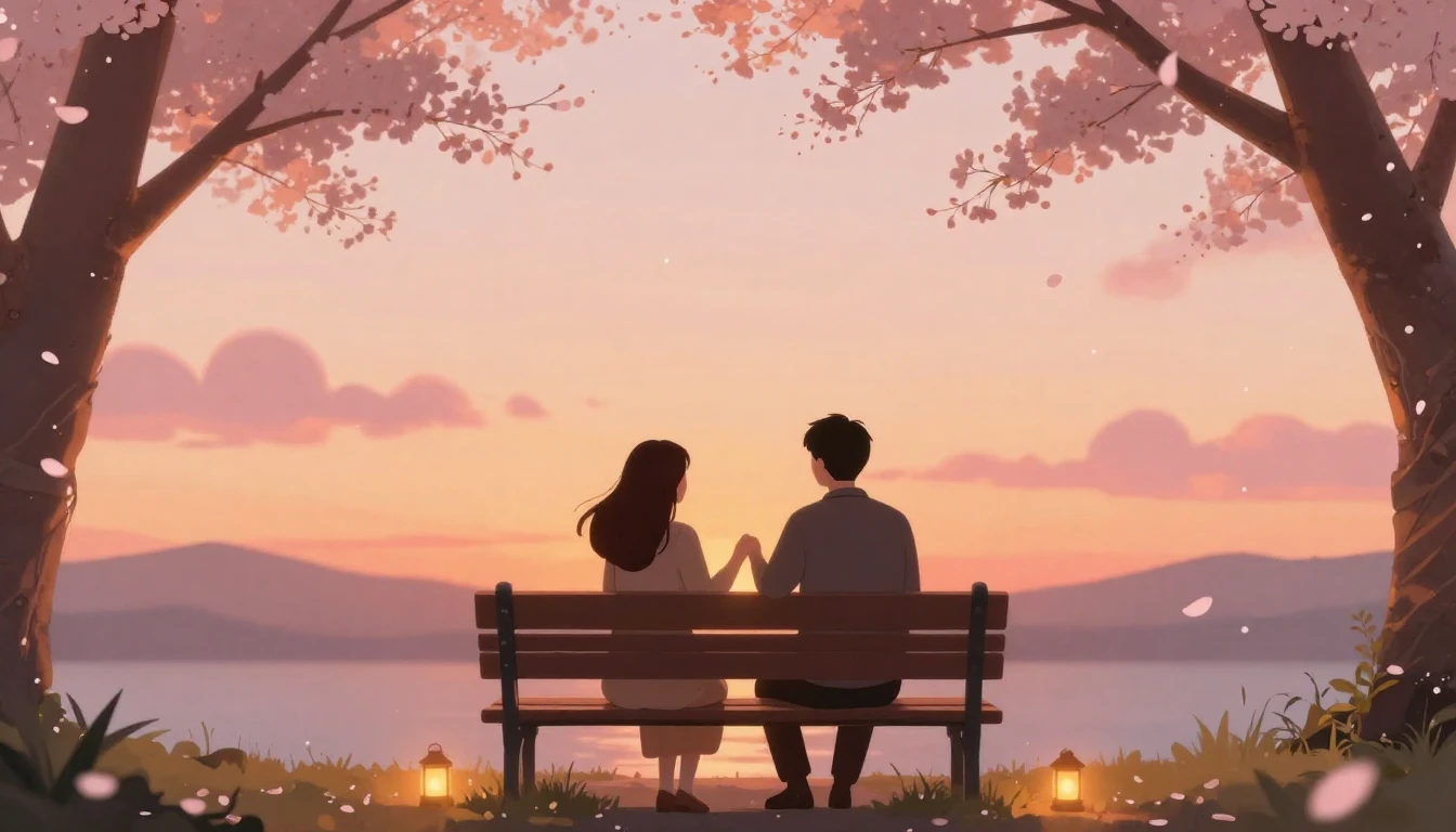 A romantic and soft composition depicting a couple sitting o...