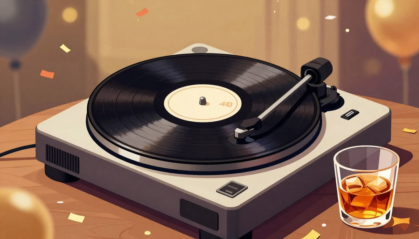 A festive and stylized illustration of a vintage vinyl recor...