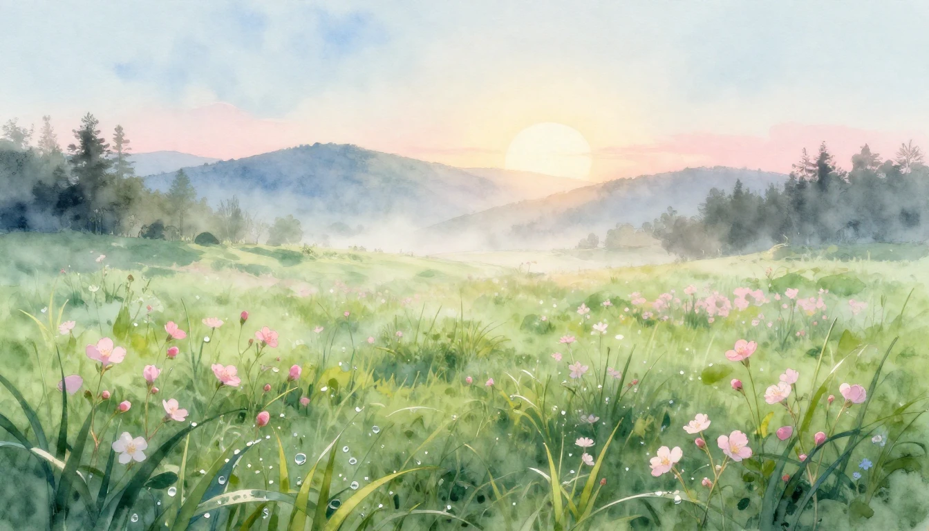 A delicate watercolor painting of a lush green meadow at sun...