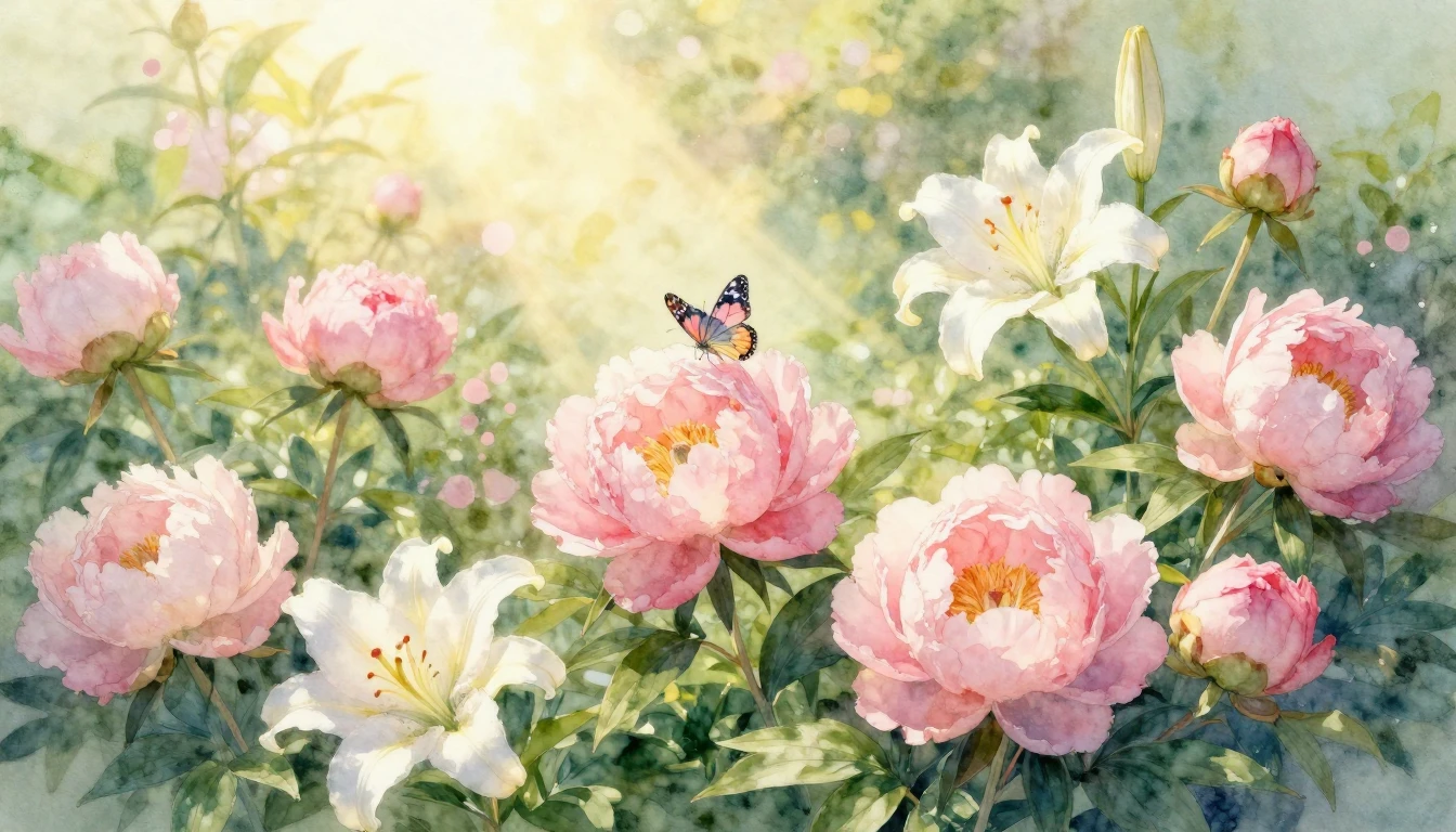 A soft watercolor painting depicting a sun-drenched garden f...