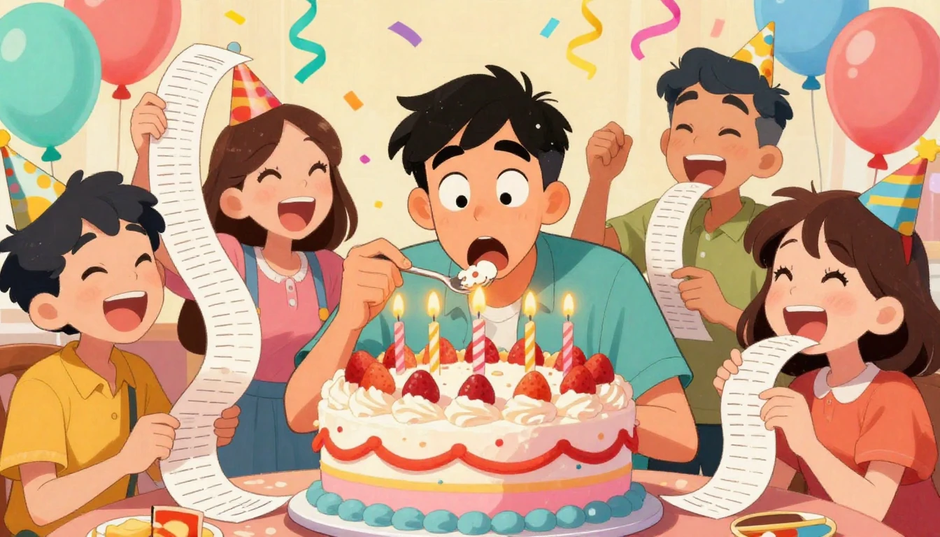 A hilarious and vibrant cartoon illustration of a birthday p...