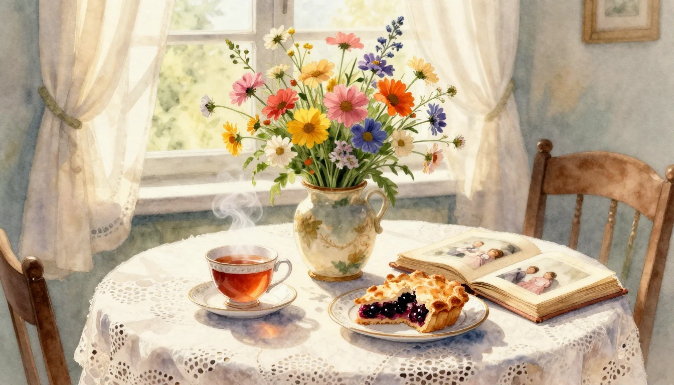 A heartwarming watercolor painting of a cozy rustic table se...