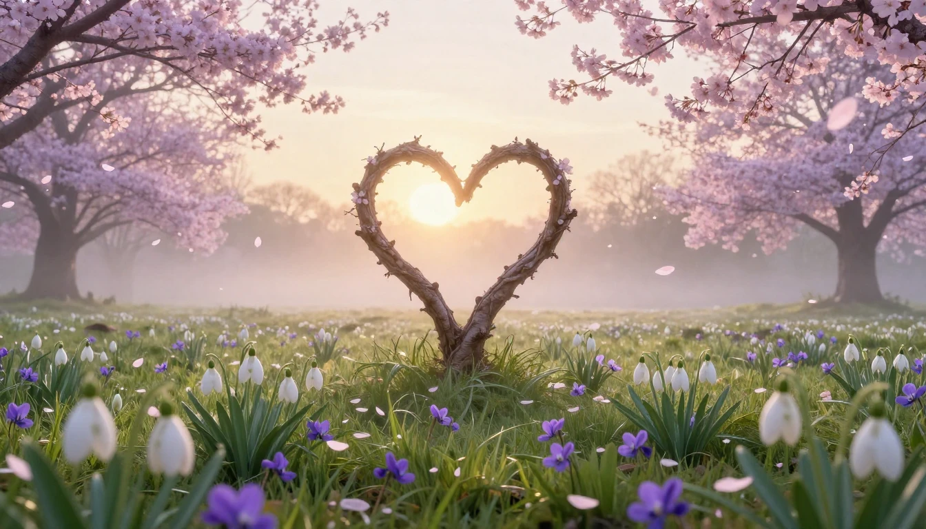 A breathtaking landscape of a blooming meadow at dawn during...
