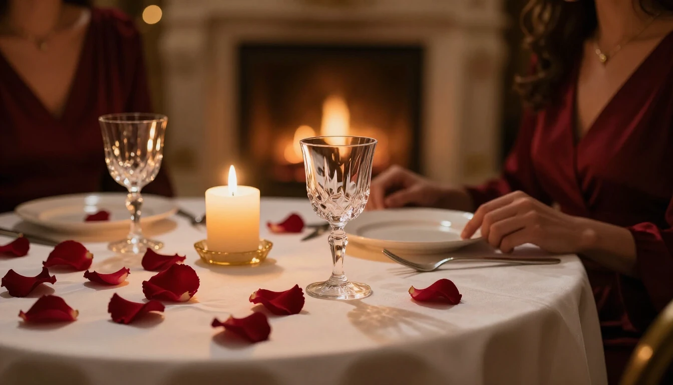 A cinematic close-up of a beautifully set table for two in a...