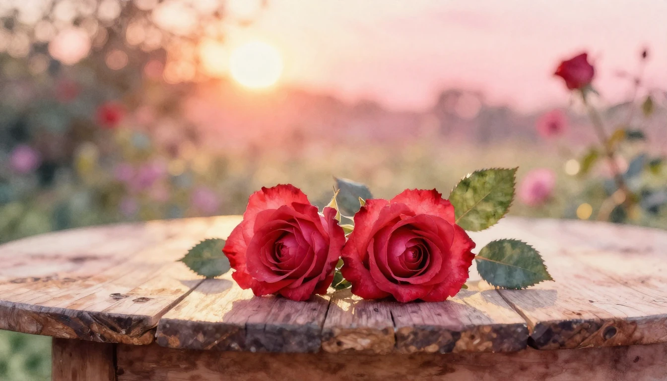 A soft watercolor painting of two delicate red roses intertw...