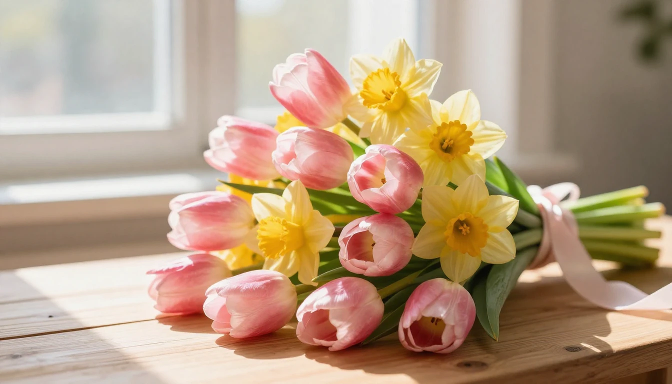 A beautiful bouquet of vibrant spring flowers like pink tuli...