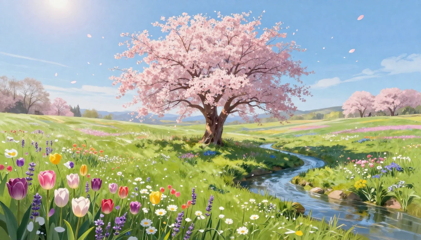 A wide meadow overflowing with colorful wildflowers like tul...