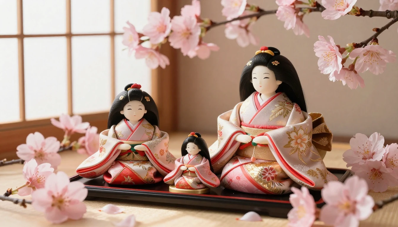 A beautiful arrangement of traditional Japanese Hina dolls s...