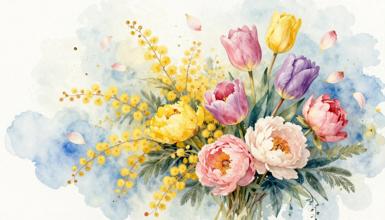 A delicate watercolor painting featuring a lush bouquet of m...