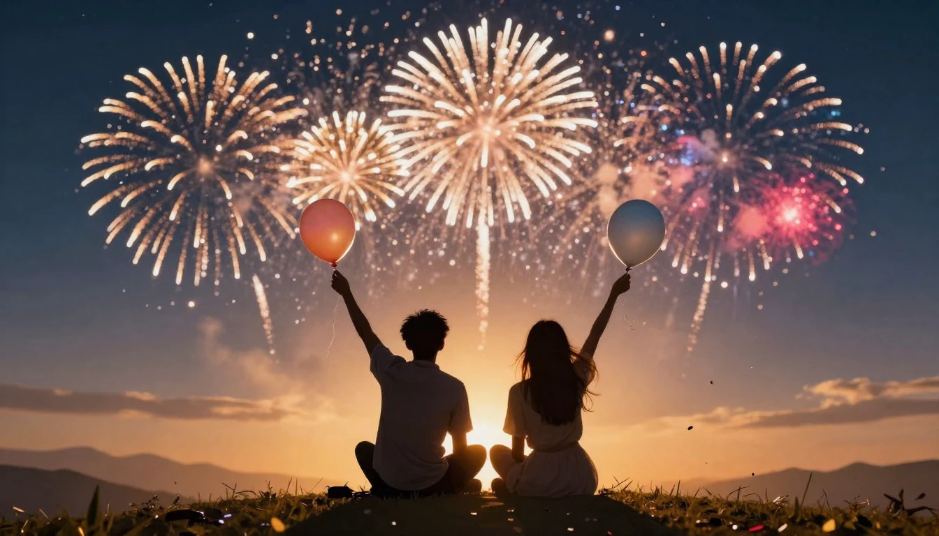 A vibrant and joyful scene symbolizing friendship, two silho...