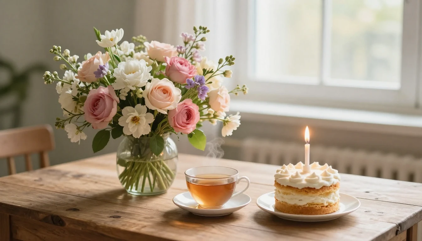 A heartwarming and gentle scene showing a beautiful bouquet ...