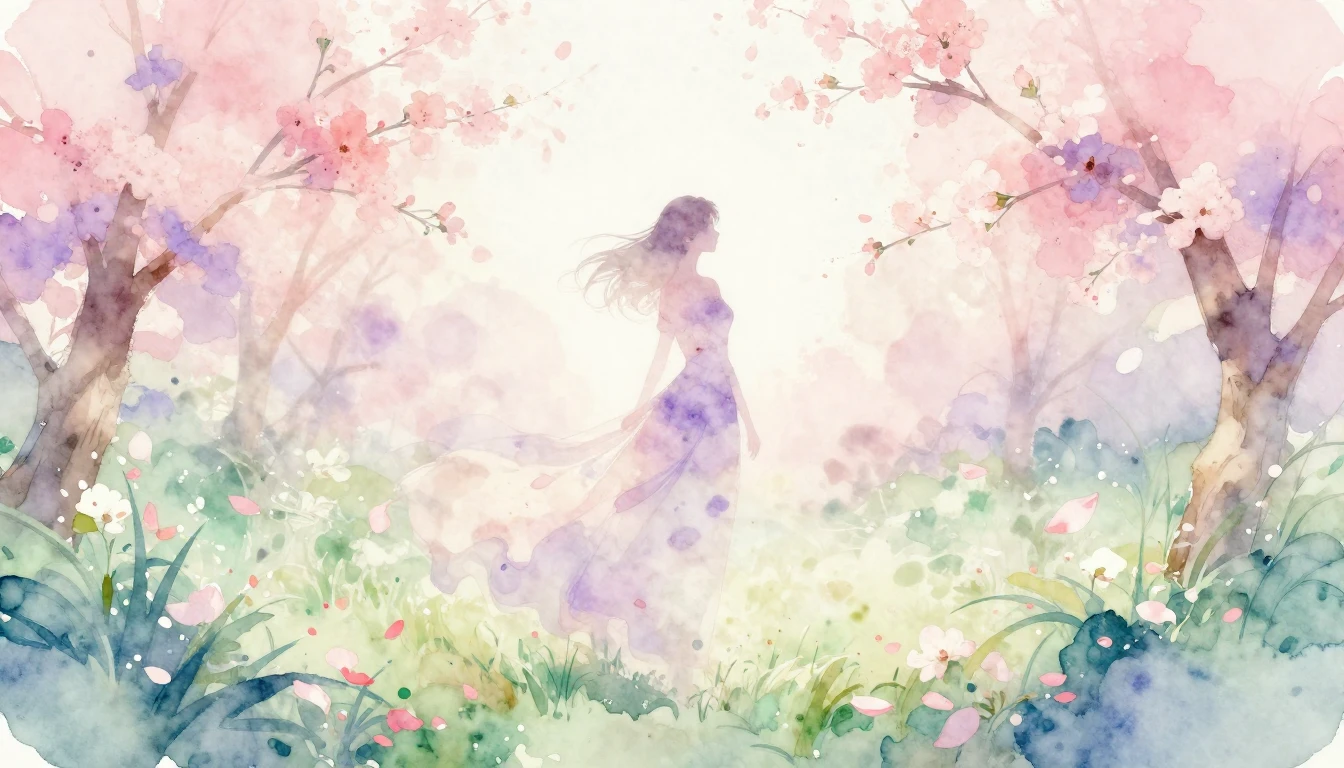 A delicate watercolor painting of a blooming spring garden. ...