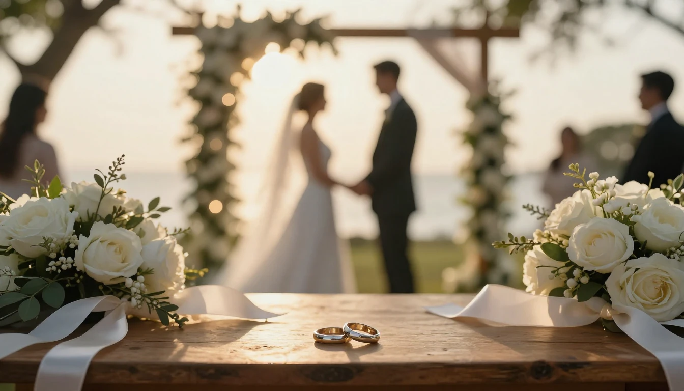 A warm and cinematic scene of a wedding ceremony outdoors du...