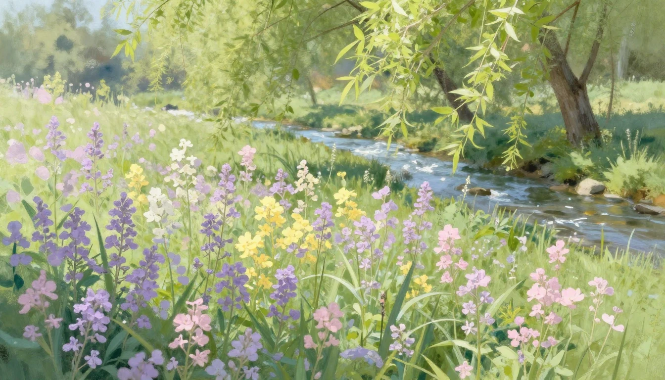 A lush spring meadow filled with blooming wildflowers in sof...