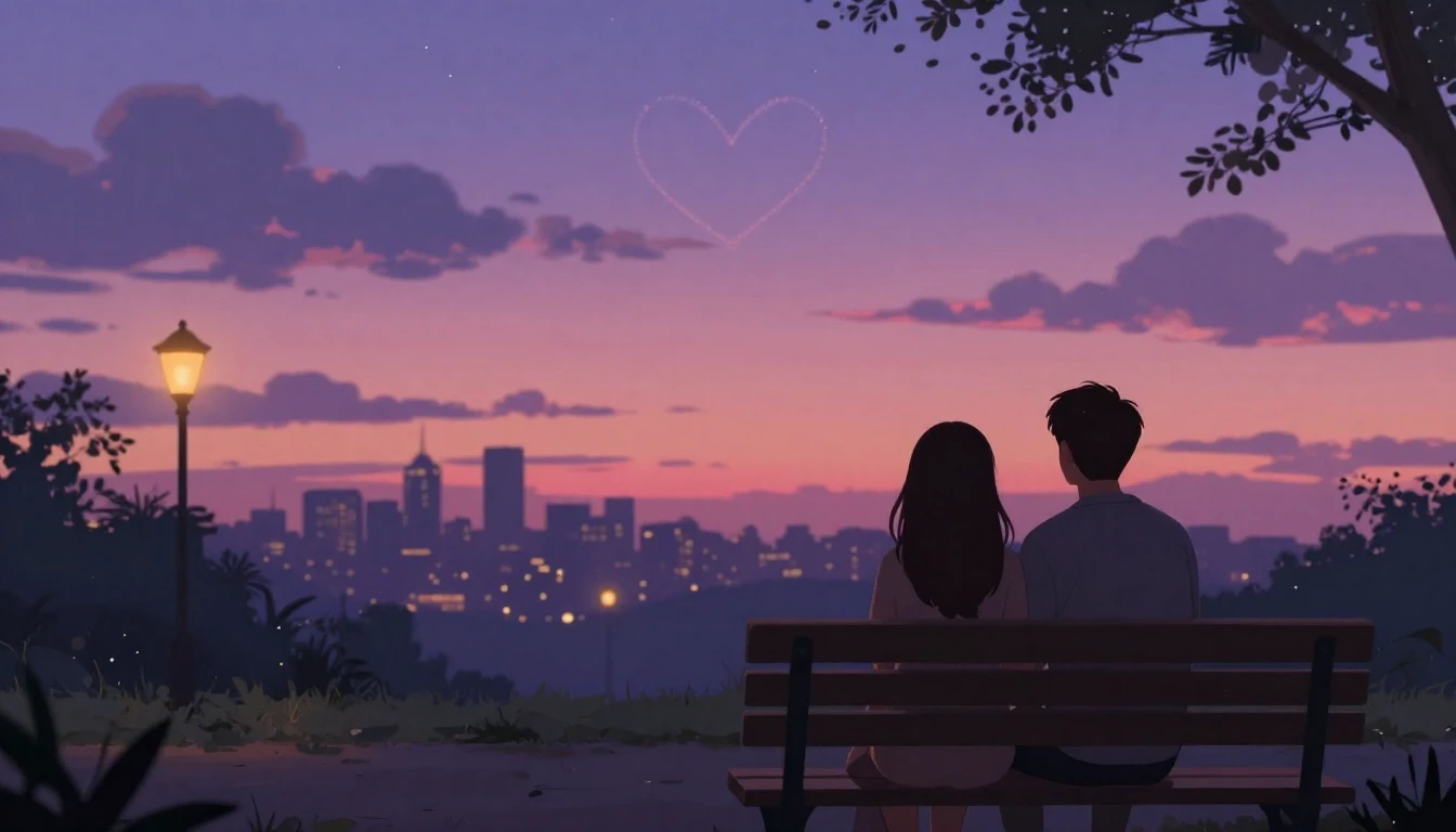 A romantic and dreamy illustration of a couple sitting on a ...