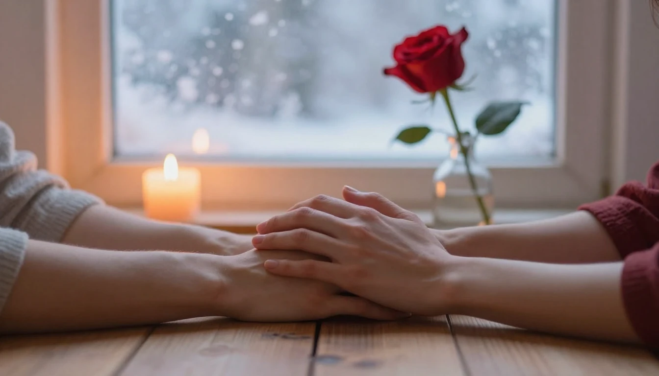 A romantic and cozy scene featuring two intertwined hands re...