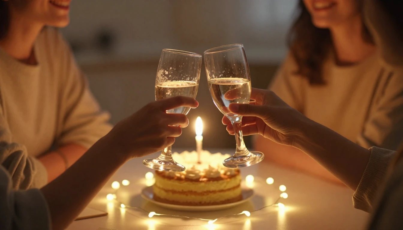 A warm and inviting scene showing two glasses clinking in a ...