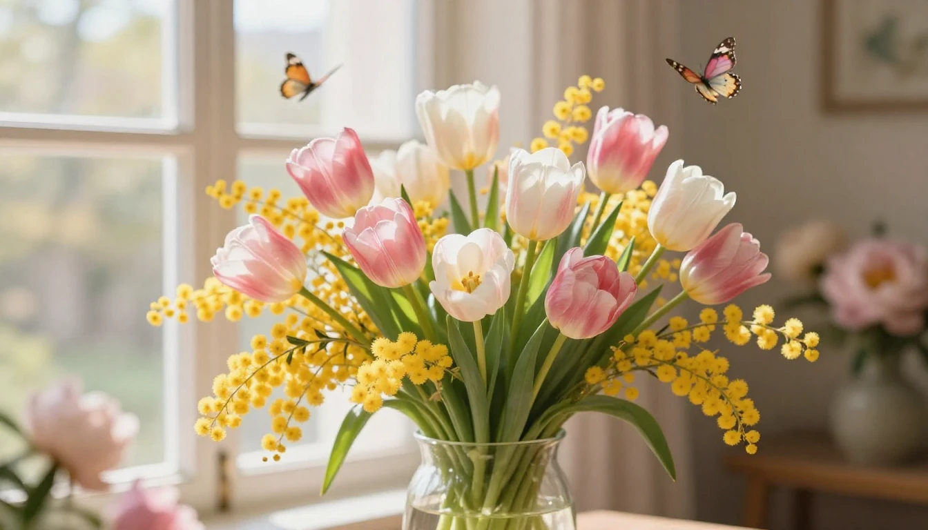 A vibrant spring scene featuring a lush bouquet of tulips, m...