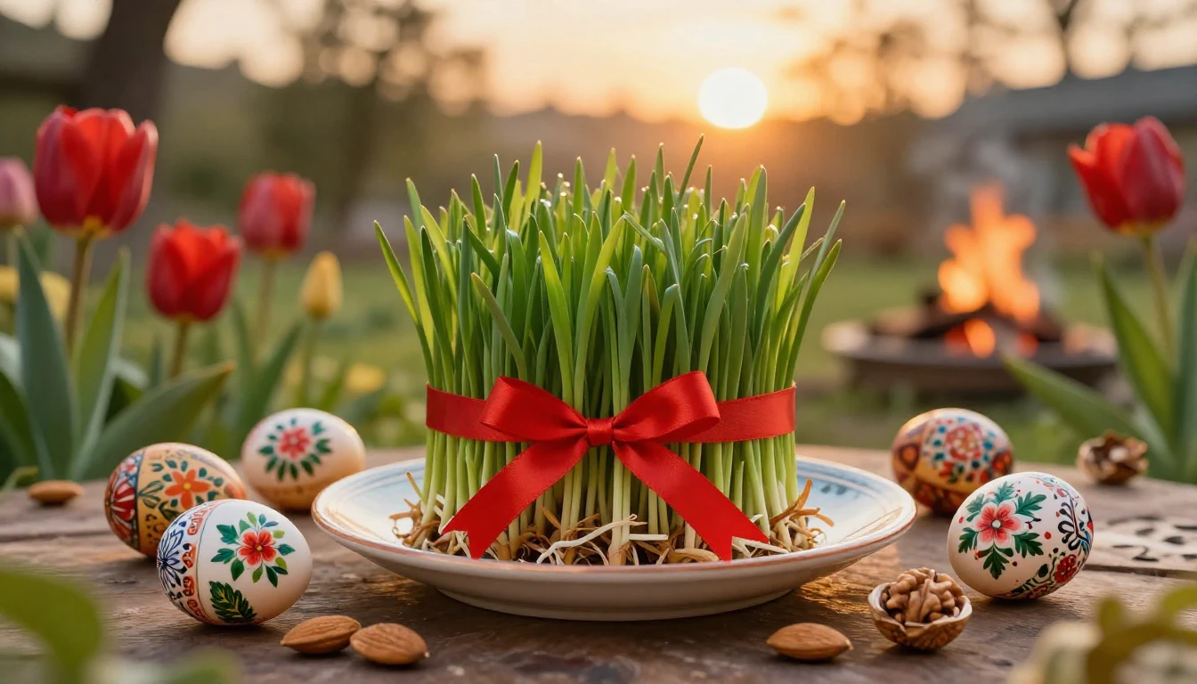 A vibrant and lush scene celebrating the spring equinox. In ...