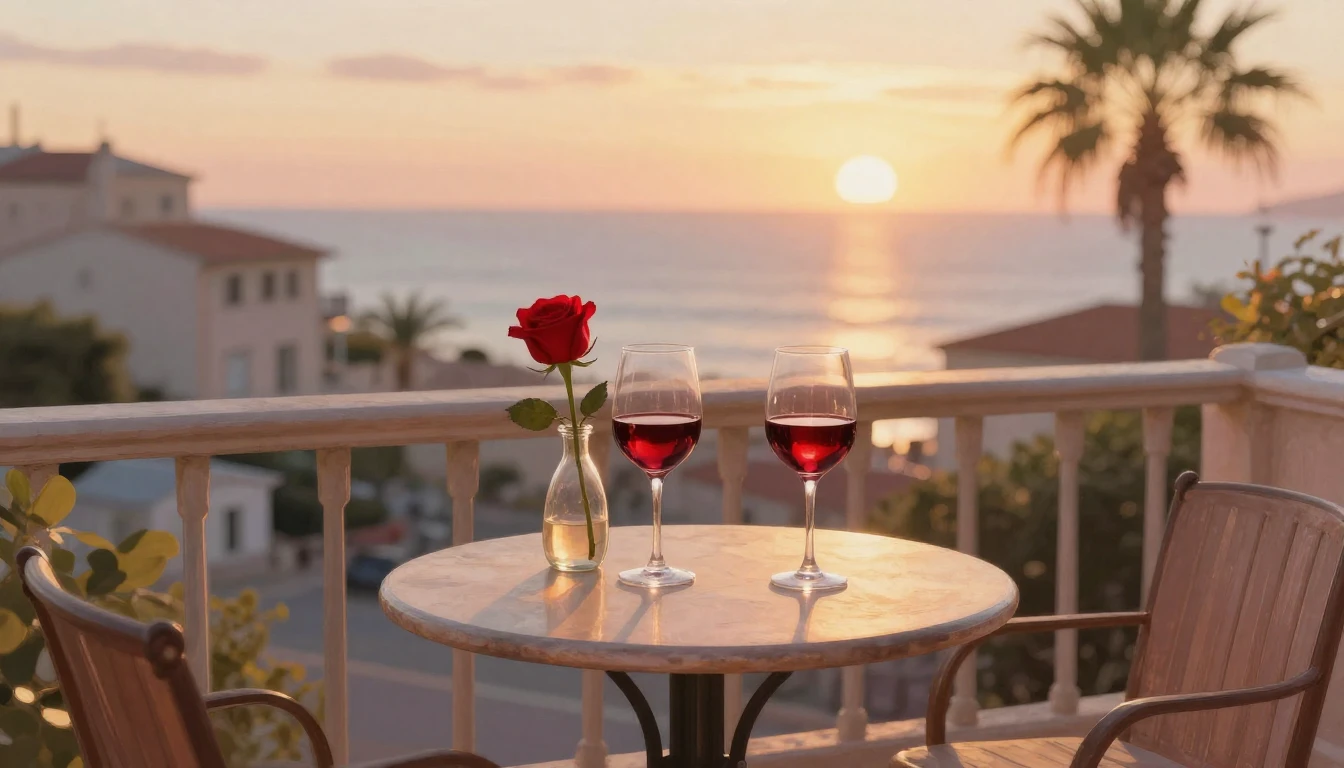 A romantic, cozy balcony scene at sunset overlooking a seasi...