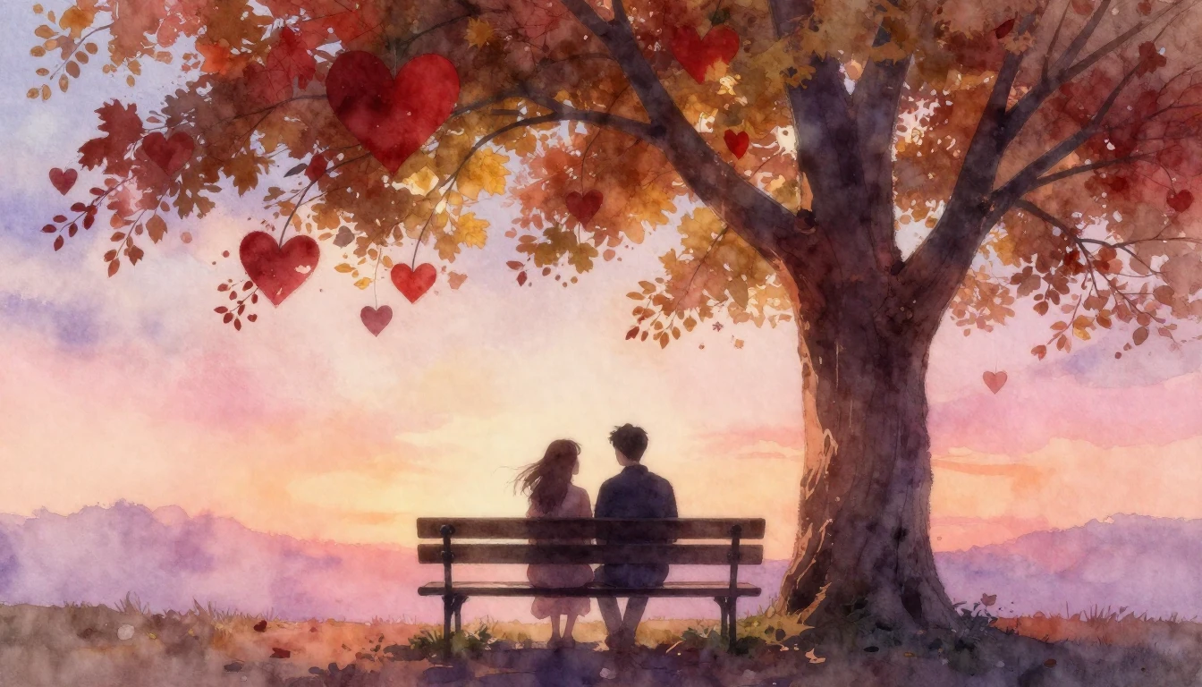 A romantic and dreamy watercolor painting featuring two silh...