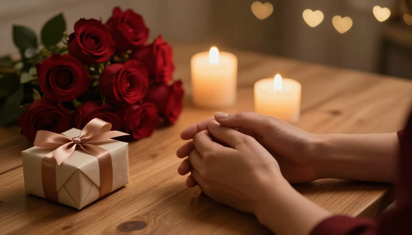 A romantic and intimate scene featuring a cozy wooden table ...