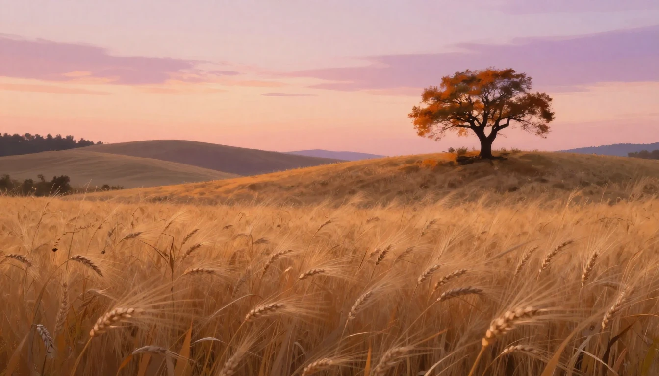 A serene landscape at sunset, featuring a golden field of wh...