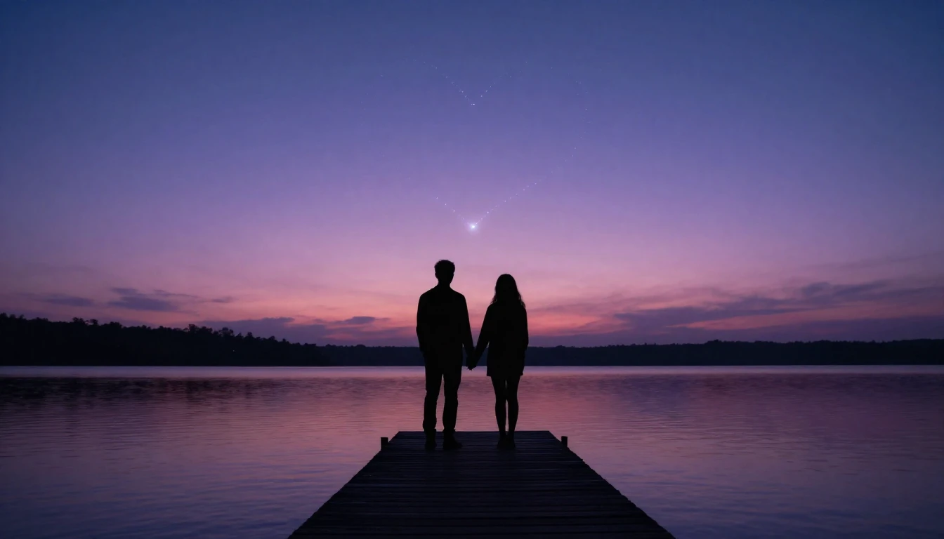 A cinematic shot of two silhouettes holding hands on a woode...