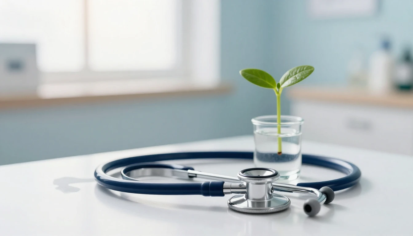 A clean and serene medical-themed composition. A modern stet...