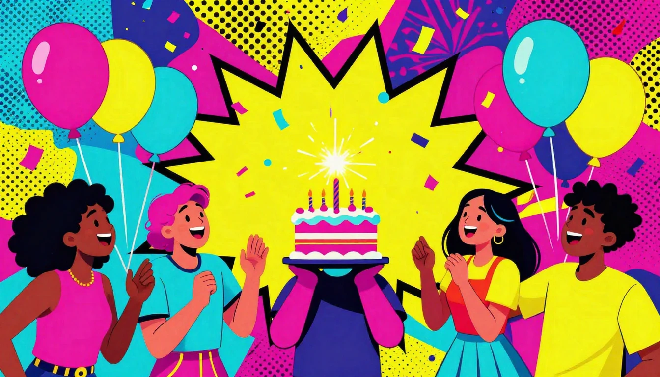 A vibrant and energetic scene showing a colorful birthday pa...