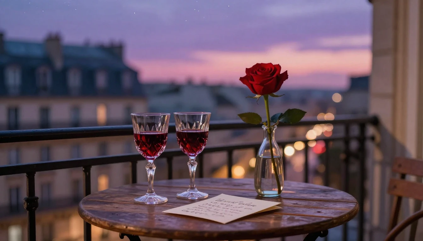 A highly romantic and intimate scene set on a small balcony ...
