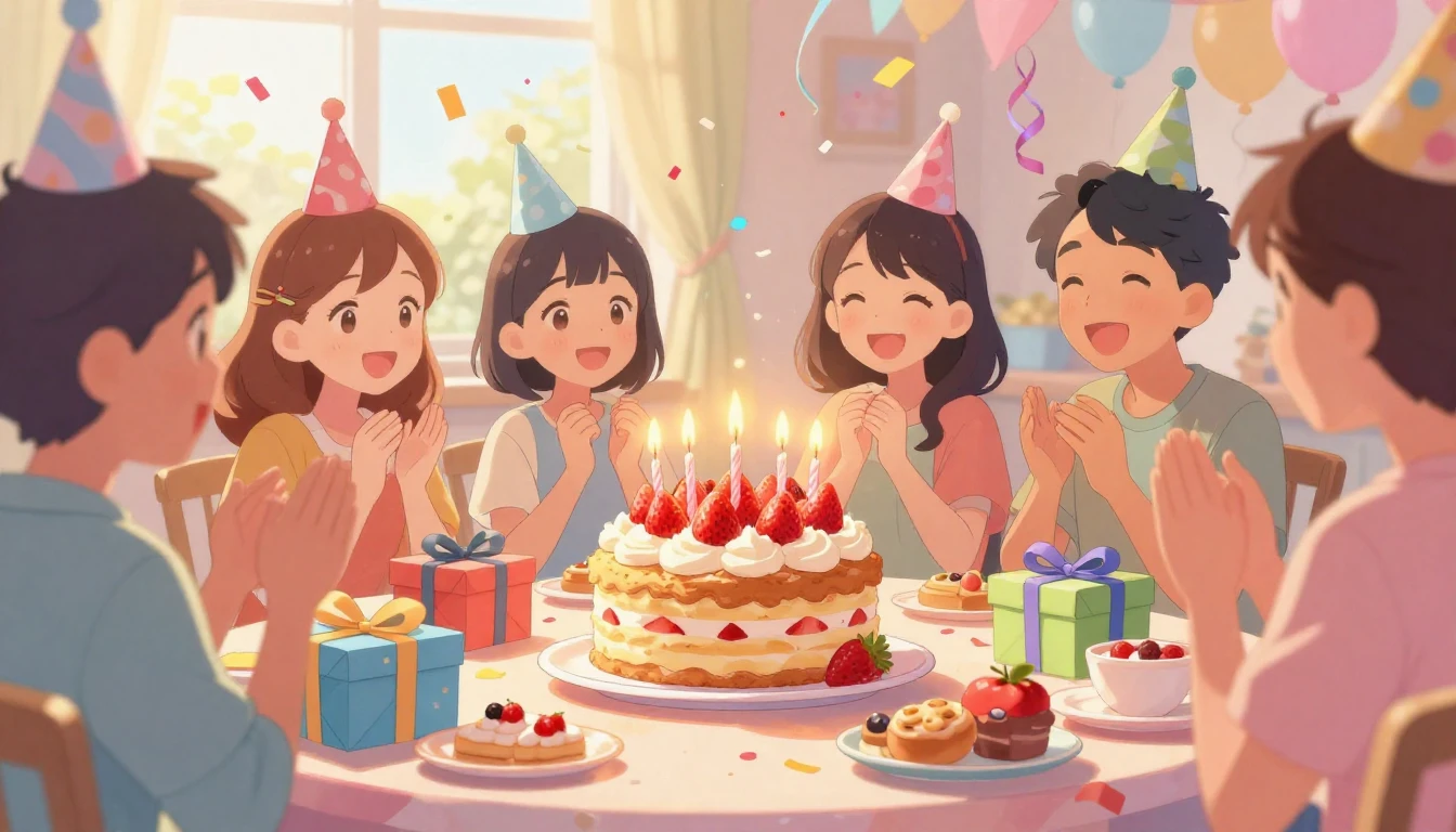 A vibrant and heartwarming anime-style illustration of a bir...