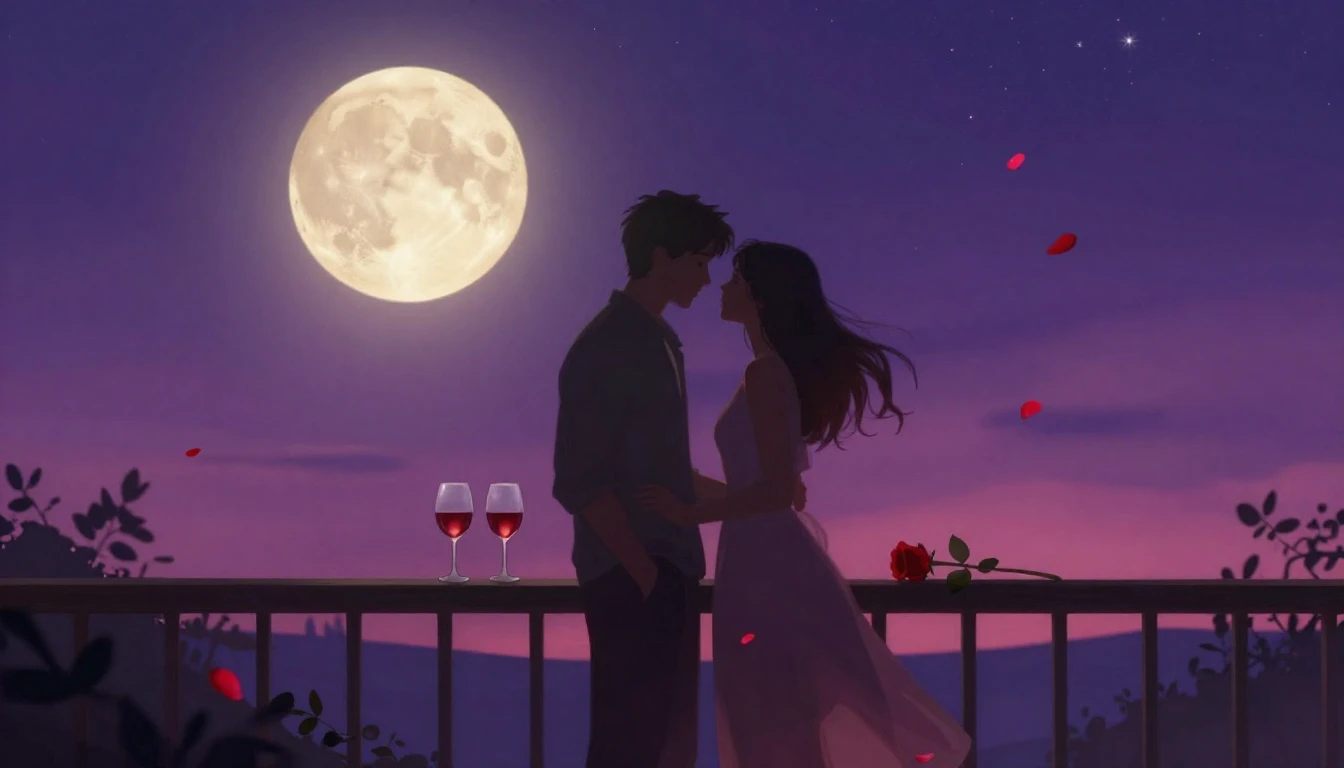 A highly detailed digital painting of a romantic evening sce...