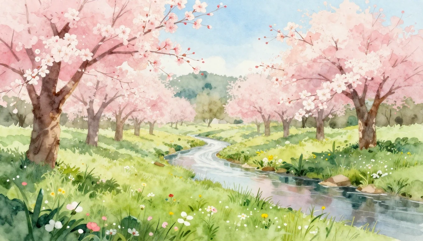 A serene spring landscape painted in soft watercolor style. ...